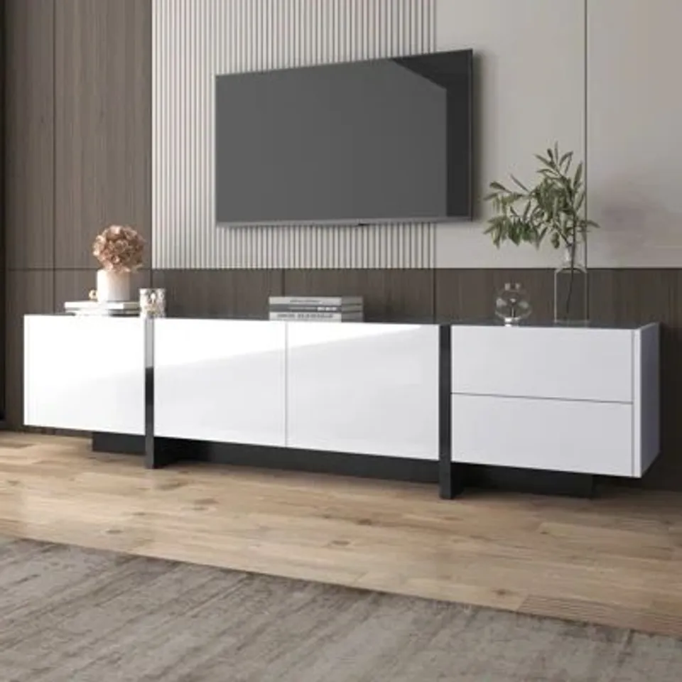 BOXED MODERN HIGH-GLOSS TV CABINET - WHITE MEDIA UNIT WITH STORAGE (2 BOXES)