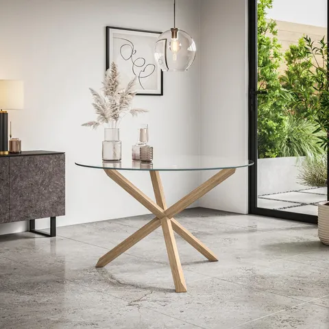 BOXED MALVERN ROUND TOP MARBLE-EFFECT DINING TABLE WITH OAK LEGS (2 BOXES)