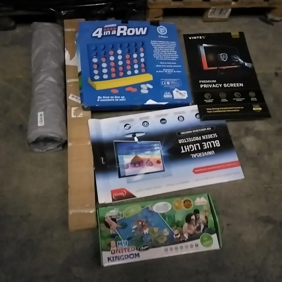 PALLET OF ASSORTED ITEMS INCLUDING SULMANS STAND FAN, FOLDING CHAIR, JUMBO 4 IN A ROW, VINTEZ PRIVACY SCREEN, BLUE LIGHT SCREEN PROTECTOR, MY UNITED KINGDOM