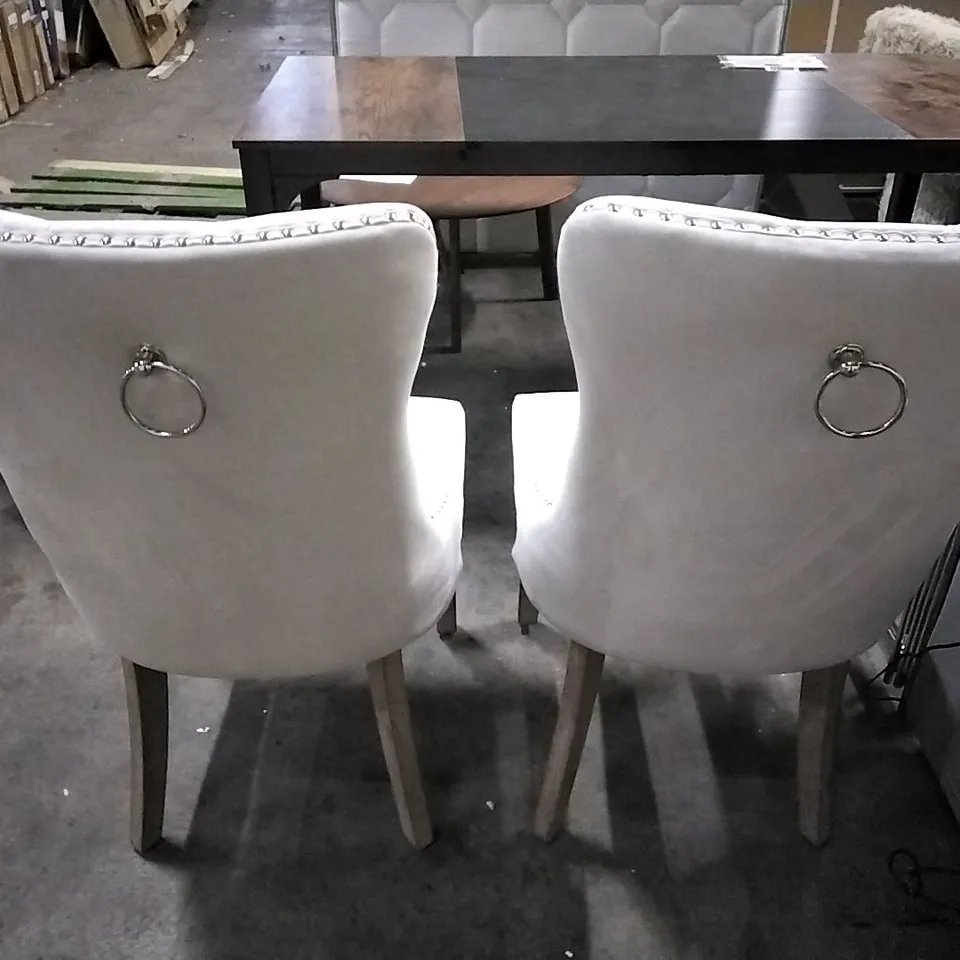 SET OF 2 KNOCKER RING WING BACK VELVET DINING KITCHEN CHAIRS - CREAM WITH OAK WOOD LEGS