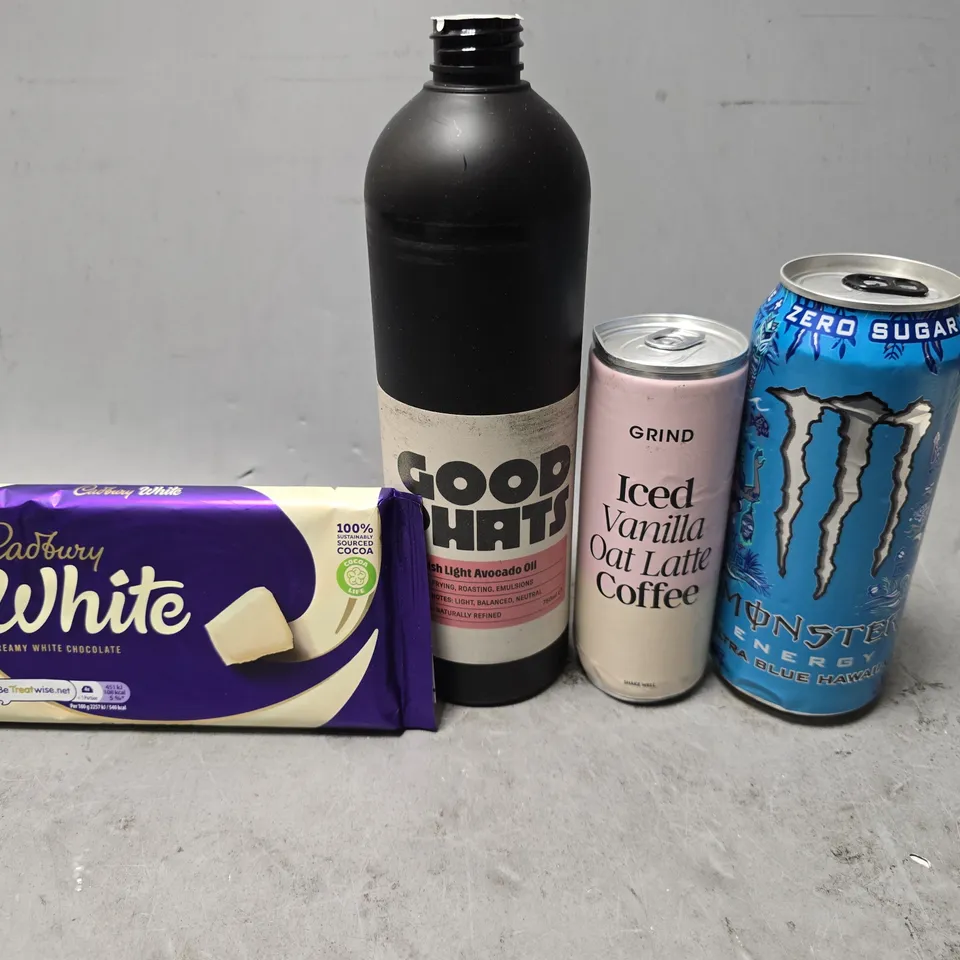 APPROXIMATELY 7 ASSORTED FOOD & DRINK ITEMS TO INCLUDE - GRIND ICED VANILLA LATTE , CADBURY WHITE CHOCOLATE , MONSTER ZERO SUGAR ETC