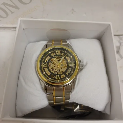 BOXED ANTHONY JAMES WATCH - TWO TONE STAINLESS STEEL - AUTOMATIC - SKELETON FACE - WATER RESISTANT. 