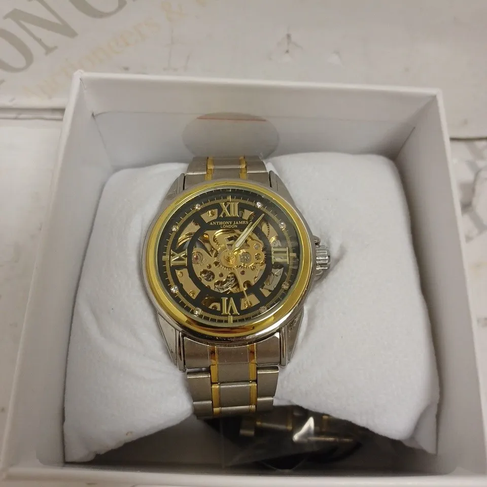 BOXED ANTHONY JAMES WATCH - TWO TONE STAINLESS STEEL - AUTOMATIC - SKELETON FACE - WATER RESISTANT. 