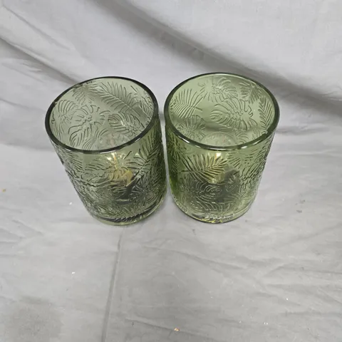 GREEN ETCHED GLASS TUMBLERS WITH PALM LEAF PATTERN – SET OF 2. BATTERY POWERED