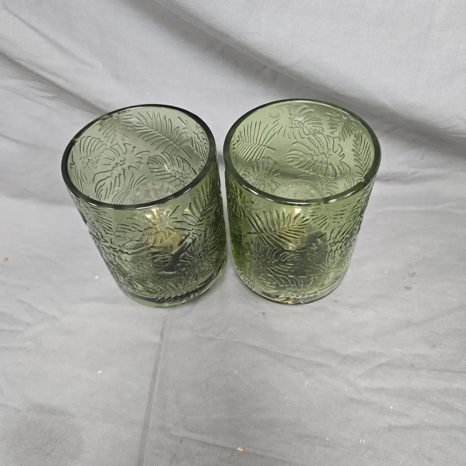 GREEN ETCHED GLASS TUMBLERS WITH PALM LEAF PATTERN – SET OF 2. BATTERY POWERED