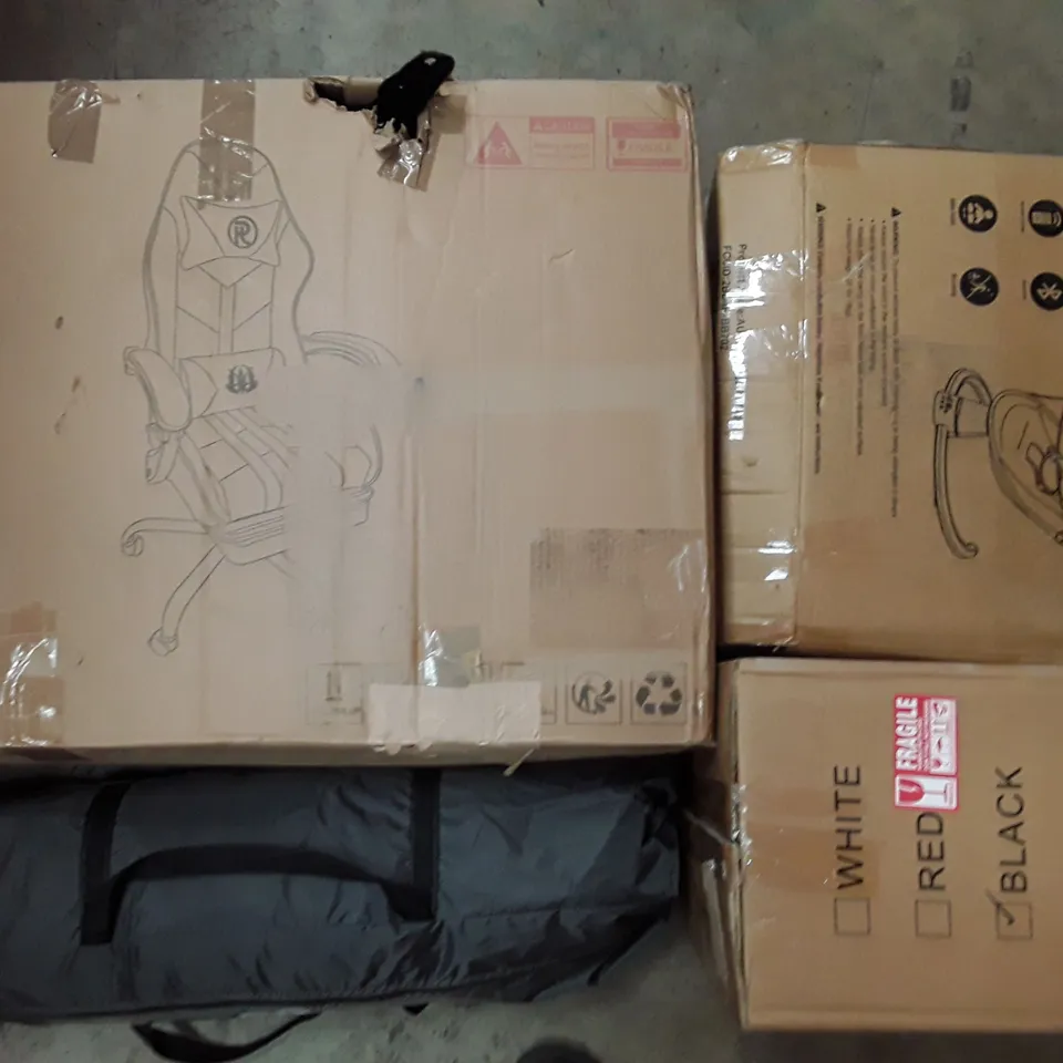 PALLET TO CONTAIN AN ASSORTMENT OF HOUSEHOLD ITEMS TO INCLUDE OFFICE CHAIR, KIDS SWING CHAIR, BREAD BIN AND TENTS ECT