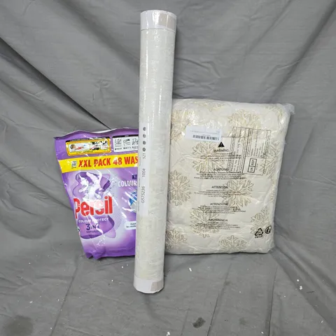 BOX OF APPROXIMATELY 25 ASSORTED HOUSEHOLD ITEMS, INCLUDING LAUNDRY TABLETS, WALLPAPER AND CHRISTMAS BEDDING