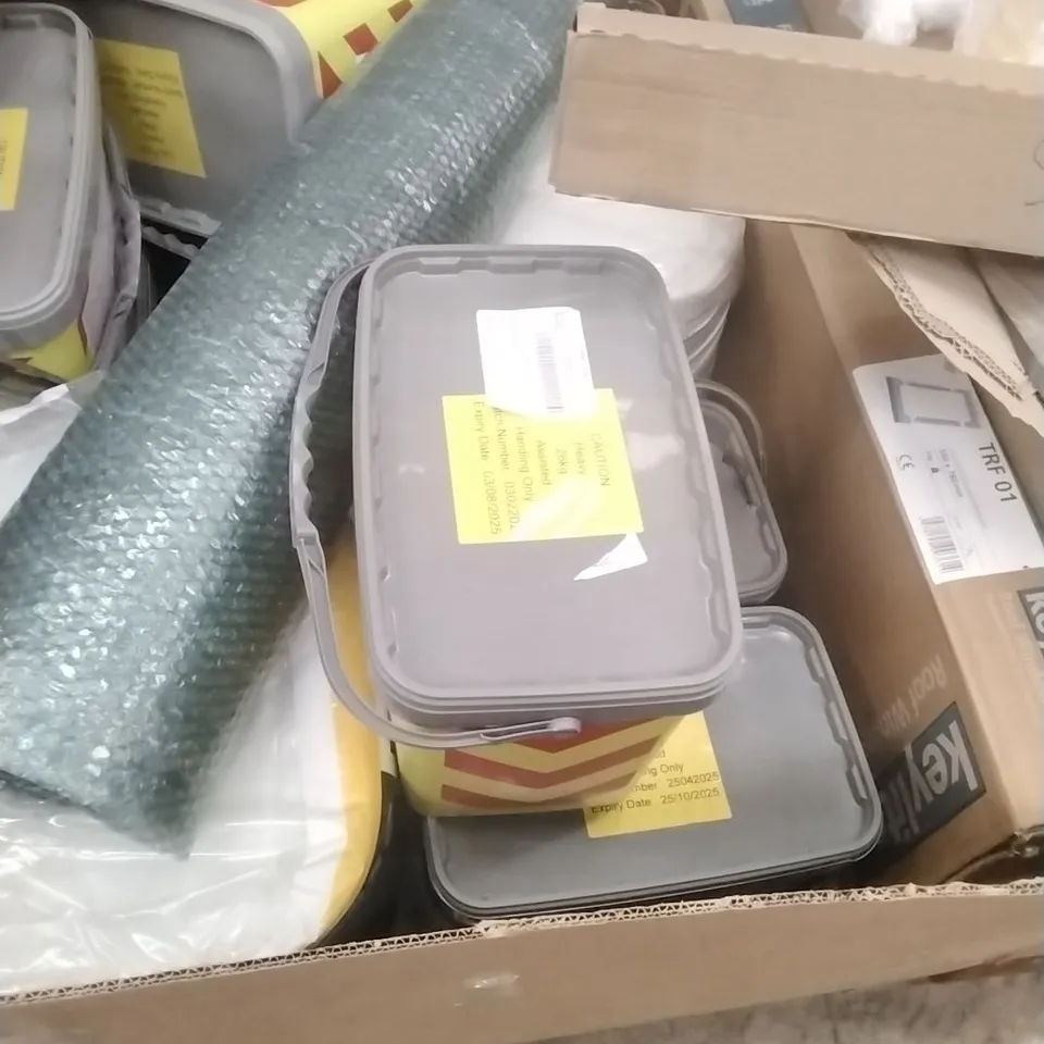 PALLET OF ASSORTED DIY, HOME IMPROVEMENT AND BUILDING PRODUCTS TO INCLUDE; ROOF WINDOW, TOUGH PATCH, PERMANENT POT HOLE REPAIR, REPAIR MORTAR, ETC
