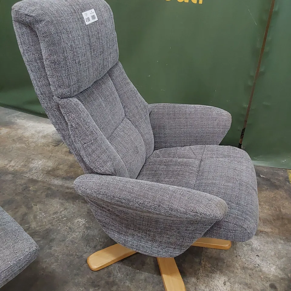 DESIGNER PUSH BACK RECLINING SWIVEL CHAIR WITH FOOTSTOOL GREY FABRIC ON NATURAL WOOD STAR BASE