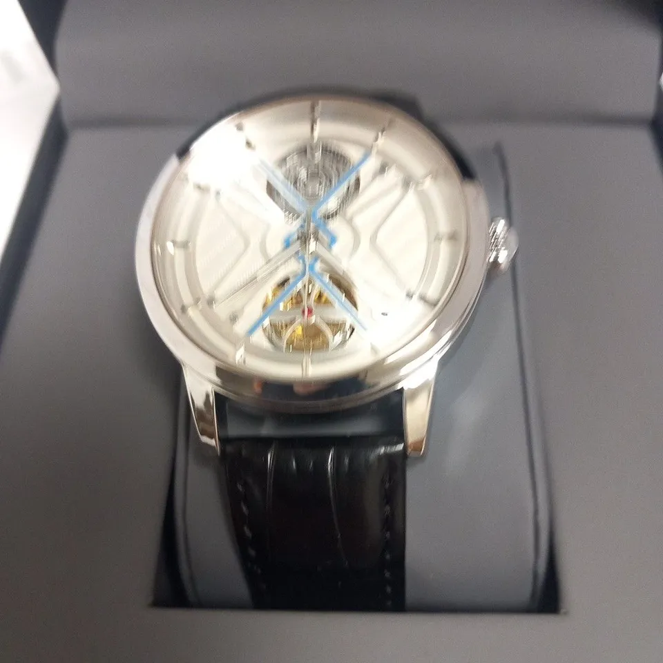 MENS VONLANTHEN AUTOMATIC WATCH – SILVER AND BLUE TEXTURED DIAL - GLASS EXHIBITION BACKCASE – BLACK LEATHER STRAP