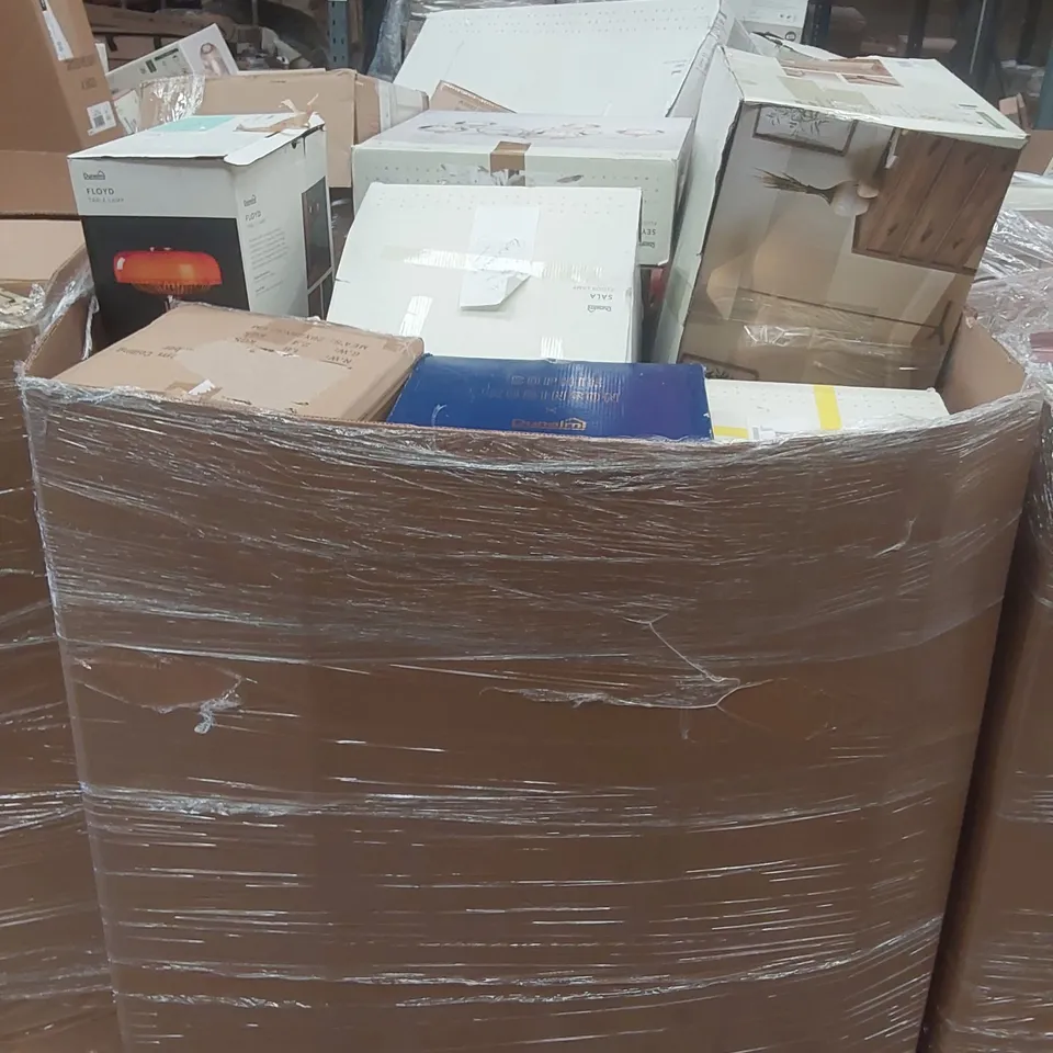 PALLET CONTAINING A VERY LARGE QUANTITY OF ASSORTED DESIGNER LIGHTING PRODUCTS INCLUDING: BELDI TABLE LAMP, SEYCHELLES FLUSH CEILING LIGHT, FLOYD TABLE LAMP, DIGBY TRIPOD FLOOR LAMP, AMALFI TABLE LAMP