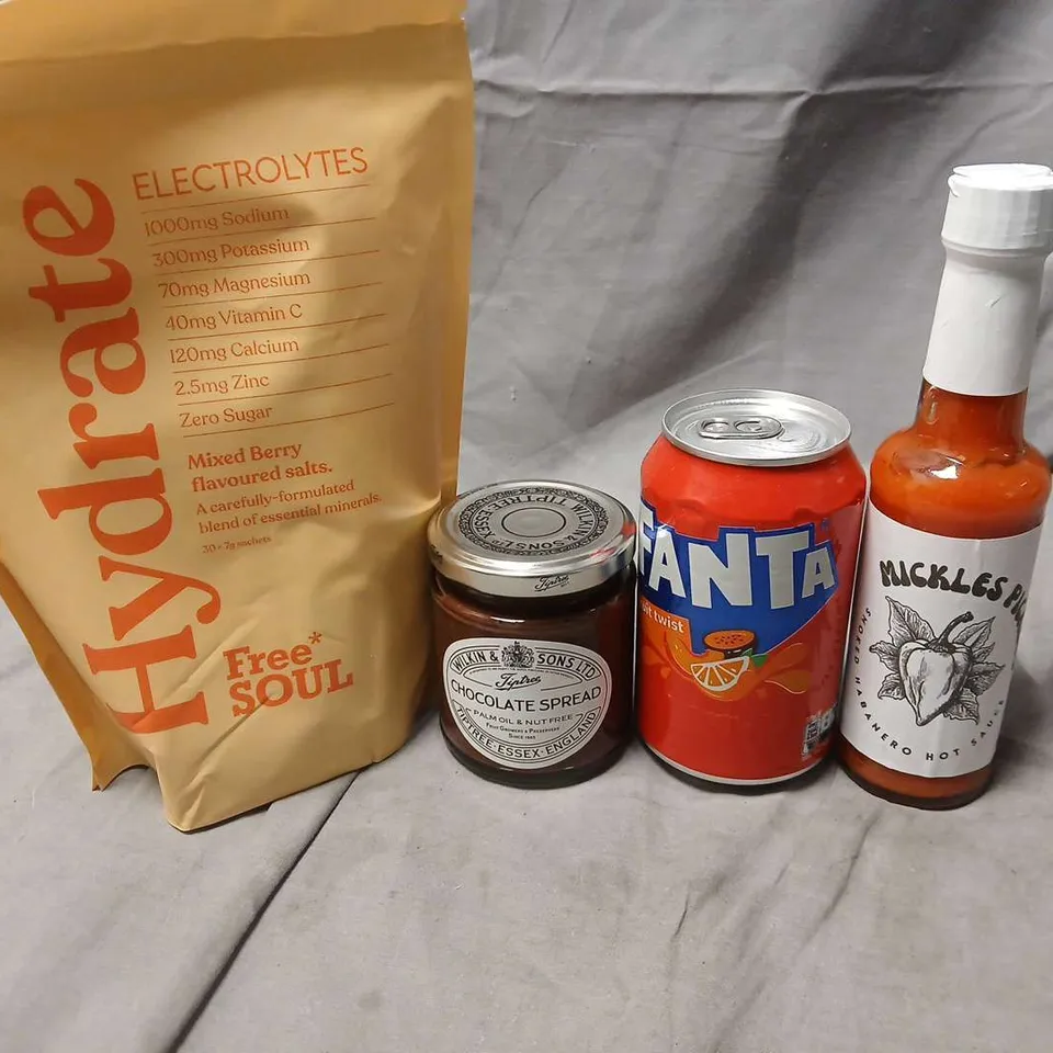 APPROX 5 ASSORTED FOOD & DRINK ITEMS: HYDRATE ELECTROLYTES MIX SACHET, CHOCOLATE SPREAD JAR, FANTA ORANGE CAN, MICKLES HOT SAUCE BOTTLE