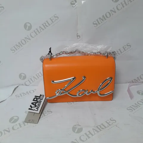 KARL LAGERFIELD 100% COW LEATHER CROSSBODY HANDBAG IN ORANGE WITH SILVER DETAILS