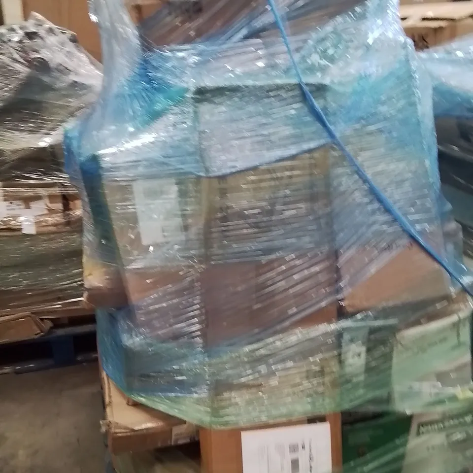 PALLET OF ASSORTED HOUSEHOLD GOODS AND PRODUCTS TO INCLUDE;SPIN MOP,HAWKSMOOR ELECTRIC LAWNMOWER,COAT RACK,MINI EXERCISE MACHINE 