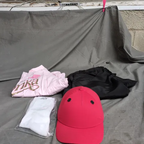 BOX OF APPROXIMATELY 20 ASSORTED CLOTHING ITEMS TO INCLUDE BLACK TROUSERS, PINK "WONKA" T SHIRT, RED CAP, SOCKS ETC