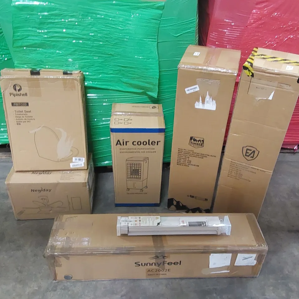 PALLET OF ASSORTED CONSUMER PRODUCTS TO INCLUDE: CAMPING CHAIRS, AIR COOLER, CEILING FAN, ROLLER BLIND, TOILET SEAT ECT