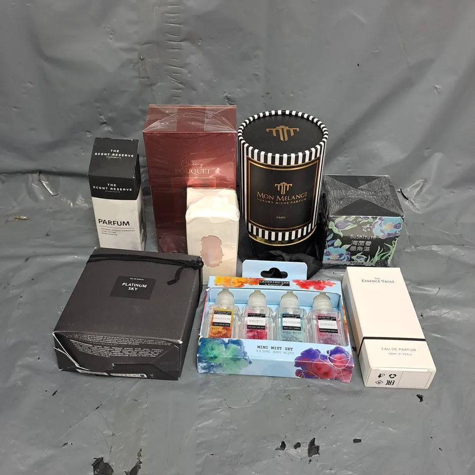 APPROXIMATELY 8 ASSORTED BOXED FRAGRANCES TO INCLUDE - THE SCENT RESERVE, AFNAN CHERRY BOUQUET, MON MELANGE, ETC. 