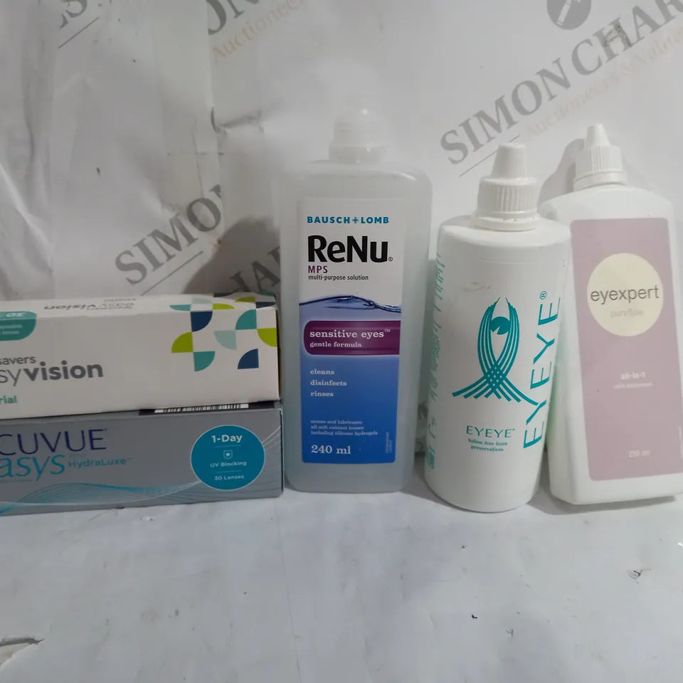 BOX OF APPROX 15 ASSORTED VISION CARE ITEMS TO INCLUDE -  ACUVUE OASYS MOIST - RENU SENSITIVE EYES CARE - ACUVUE OASYS CONTACT LENSES ECT
