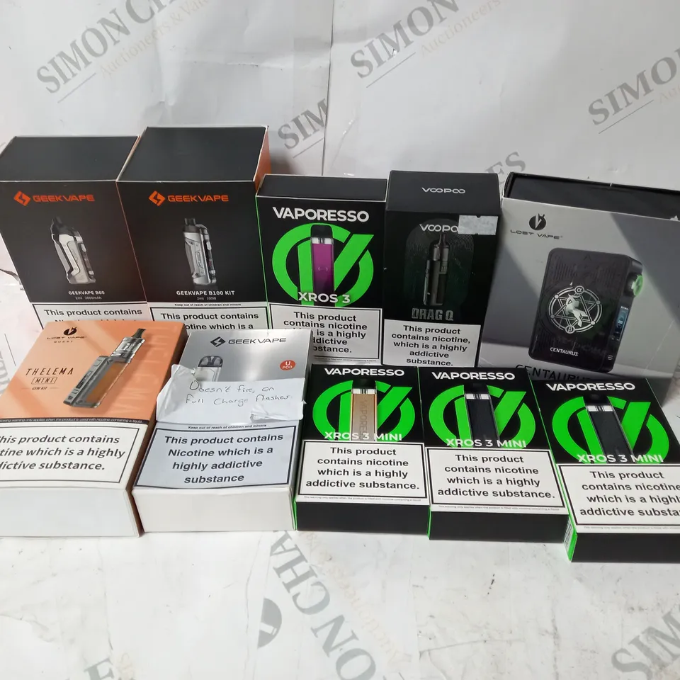 BOX OF APPROXIMATELY 10 ASSORTED E-CIG PRODUCTS TO INCLUDE GEEKVAPE, LOST VAPE, VAPORESSO 
