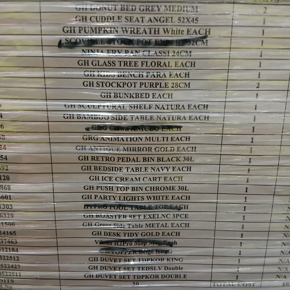 PALLET OF APPROXIMATELY 25 ASSORTED PRODUCTS TO INCLUDE; DONUT BED GREY, CUDDLE SEAT ANGEL, PUMPKIN WREATH, NINJA FRY PAN, BAMBOO SIDE TABLE, KIDS PLAY ICE CREAM CART, PUSH TOP BIN AND ROASTER SET