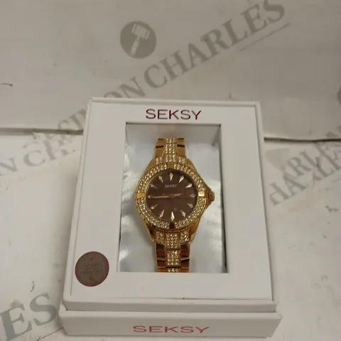 BOXED SEKSY BY SEKONDA LADIES ROSE GOLD STONE SET WATCH WITH STAINLESS STEEL BACK - JAPAN MOVEMENT. 