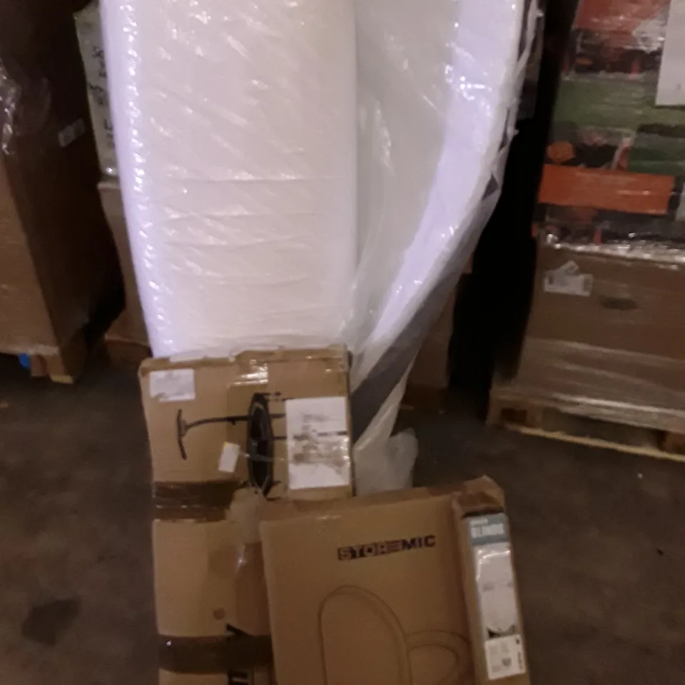UNPROCESSED PALLET OF ASSORTED ITEMS TO INCLUDE ROLLED MATTRESS TOPPER, EXERCISE TRAMPOLINE AND STORAGE RACK