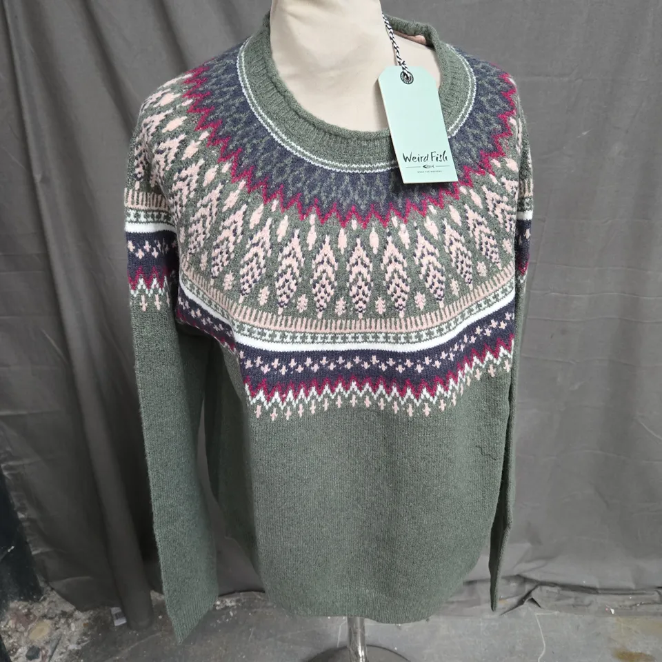 WEIRD FIH LOWELL ECO FAIR ISLE JUMPER IN IVY MULTI SIZE 16