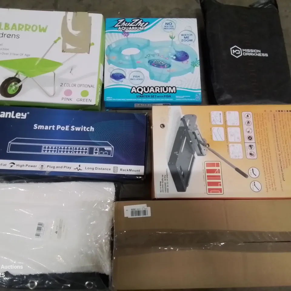 PALLET OF ASSORTED ITEMS TO INCLUDE YUANLEY SMART POE SWITCH, VINYL FLOOR CUTTER AND KIDS WHEELBARROW