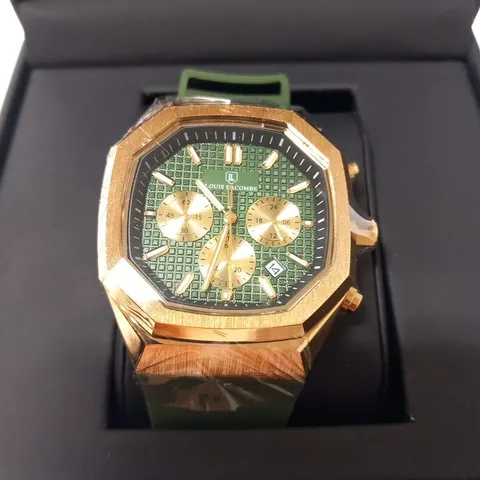 MENS LOUIS LACOMBE CHRONGRAPH WATCH β 3 SUB DIALS β GOLD COLOUR CASE β GREEN RUBBER STRAP β EST Β£380