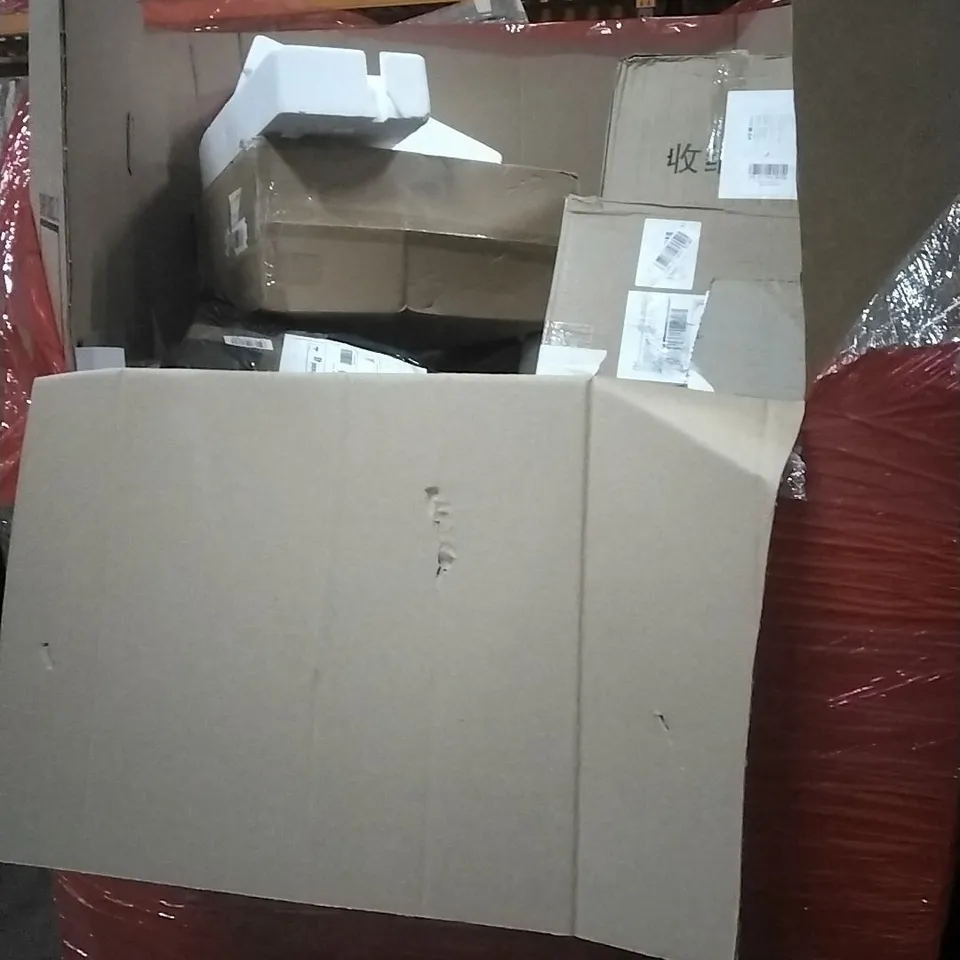 PALLET OF HOUSEHOLD ITEMS TO INCLUDE CHAIR MAT FOR HARD FLOOR,RUG,AUDIO TURNTABLE, 24" MONITOR AND OTHER OTHER ASSORTED ITEMS...