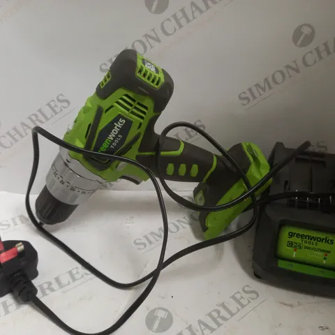 GREENWORKS TOOLS G24 DRILL WITH BATTERY CHARGER - MISSING BATTERY