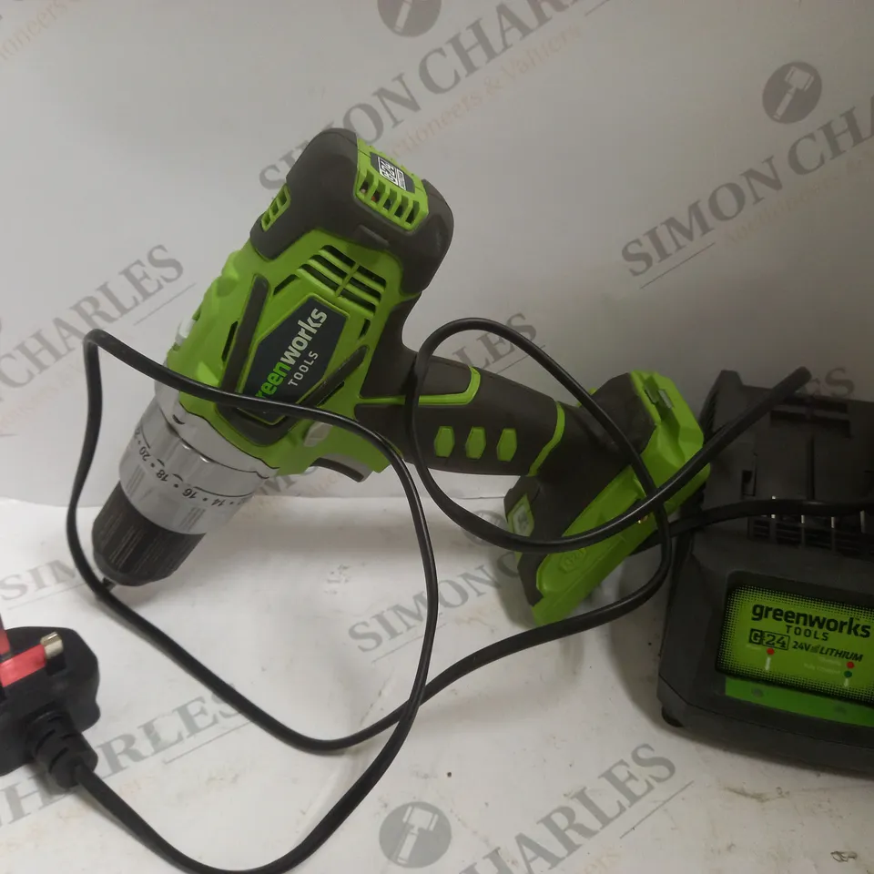 GREENWORKS TOOLS G24 DRILL WITH BATTERY CHARGER - MISSING BATTERY