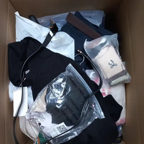 LARGE BOX OF APPROXIMATELY 25 ASSORTED CLOTHING ITEMS IN VARIOUS COLOURS, STYLES AND SIZES - COLLECTION ONLY