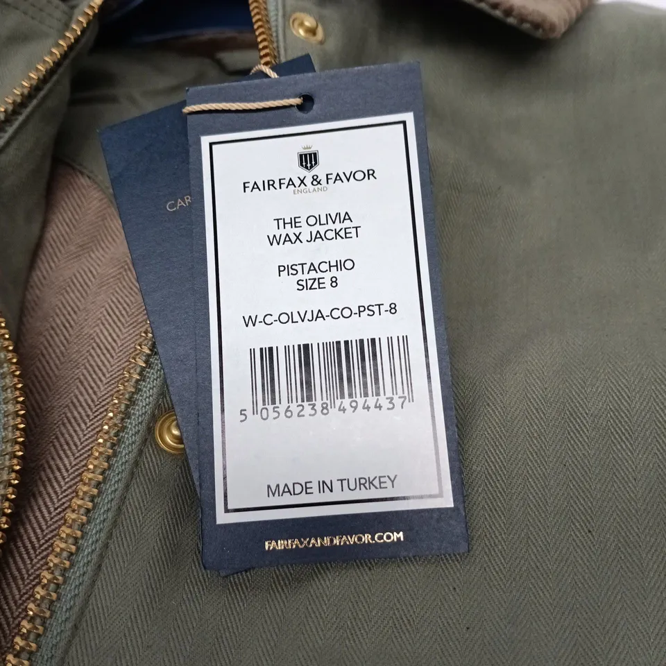 FAIRFAX & FAVOR THE OLIVIA WAX JACKET – PISTACHIO, UK 8