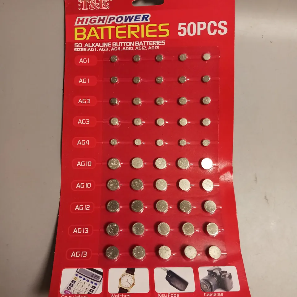 SEALED T&E PACK OF 50PCS HIGH POWER BUTTON BATTERIES ASSORTED SIZES AG1/AG3/AG4/AG10/AG12/AG13
