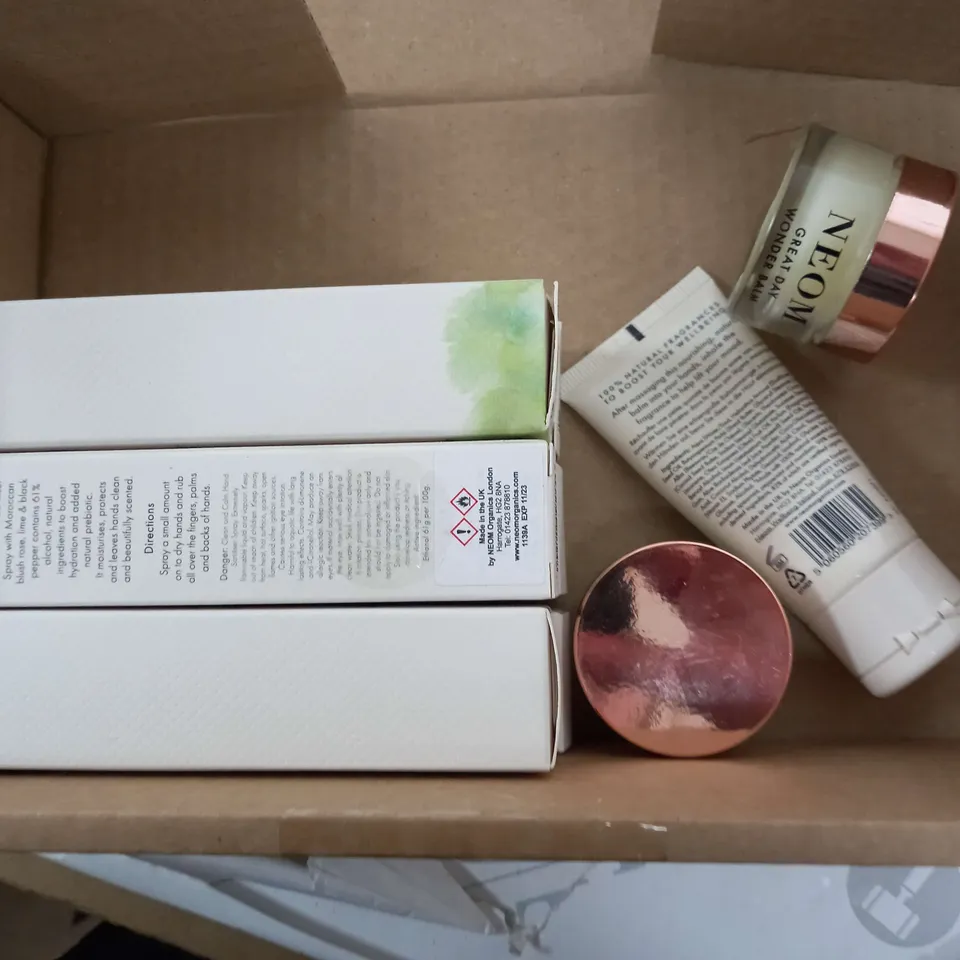 BOX OF ASSORTED NEOM ITEMS APPROXIMATELY 10 TO INCLUDE WONDER BALM, SANITISER, HAND BALM ETC
