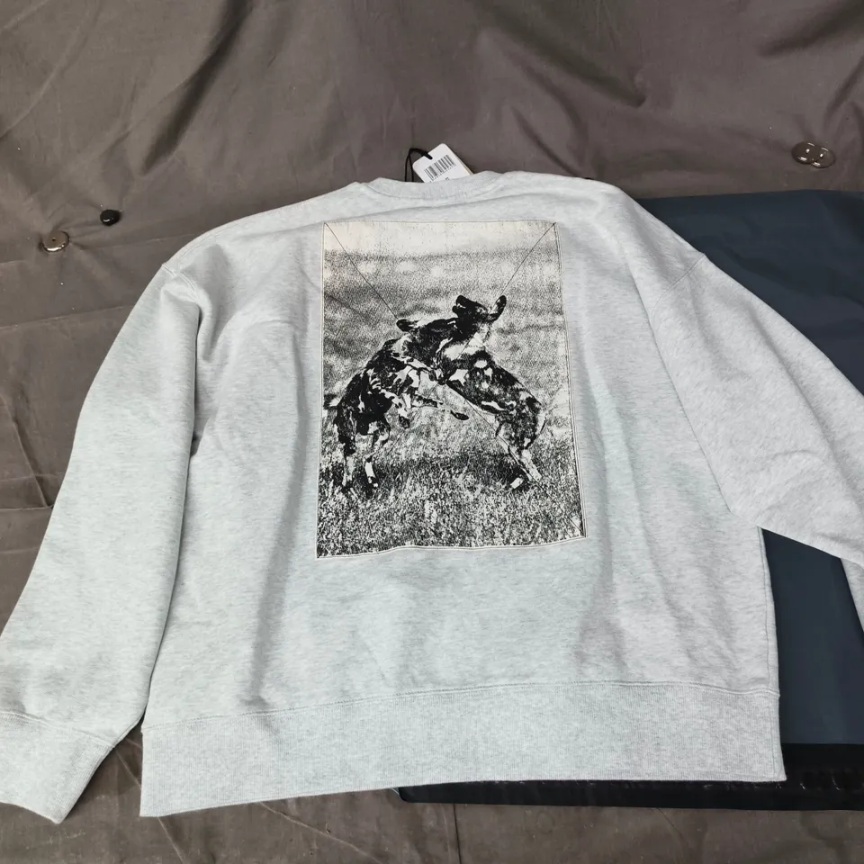 CARHARTT SWEATSHIRT – ASH HEATHER, SIZE S, ALL WORK AND NO PLAY PRINT