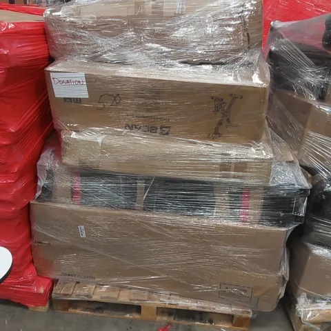 PALLET TO CONTAIN ASSORTED HOUSEHOLD PRODUCTS. INCLUDES EXERCISE BIKE, MASSAGE TABLE, BOXED FURNITURE ETC