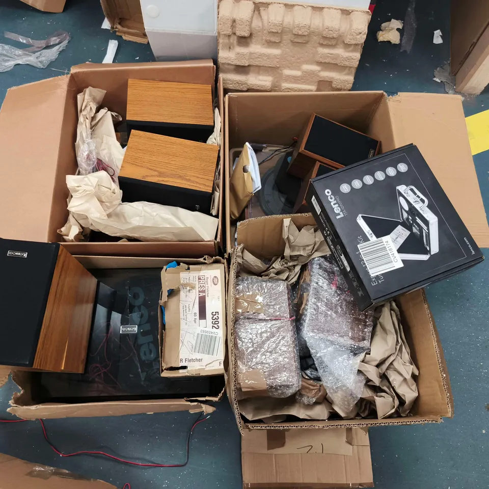 LOT OF 10 ASSORTED UNBOXED LENCO AUDIO ITEMS TO INCLUDE PARTY SPEAKER. TURNTABLES WITH SPEAKERS AND TURNTABLE CARE KIT