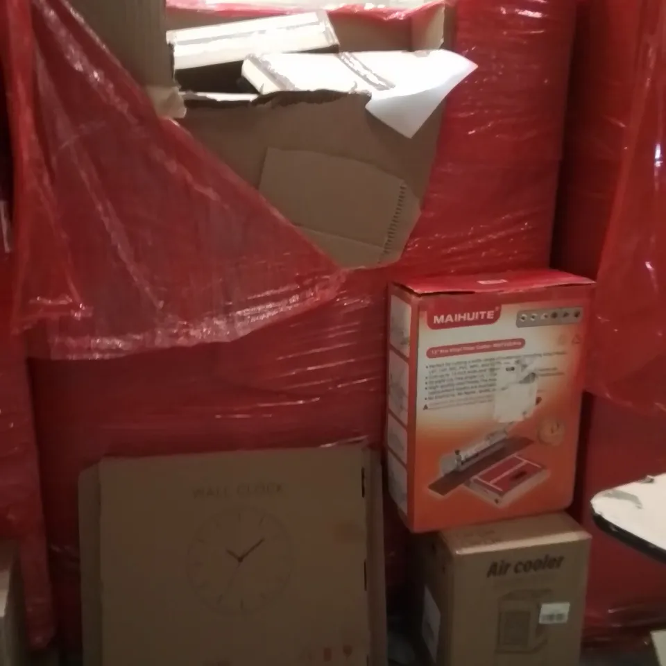 PALLET OF ASSORTED HOUSEHOLD GOODS AND PRODUCTS TO INCLUDE;CLOCK,AIR COOLER,FLOOR CUTTER