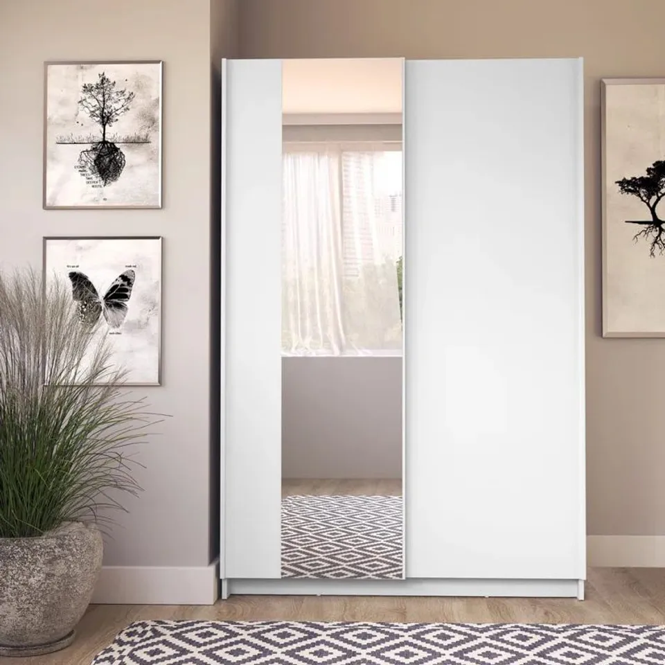 BOXED MINIMALIST WHITE SLIDING DOOR WARDROBE 120cm - MIRRORED (3 BOXES)