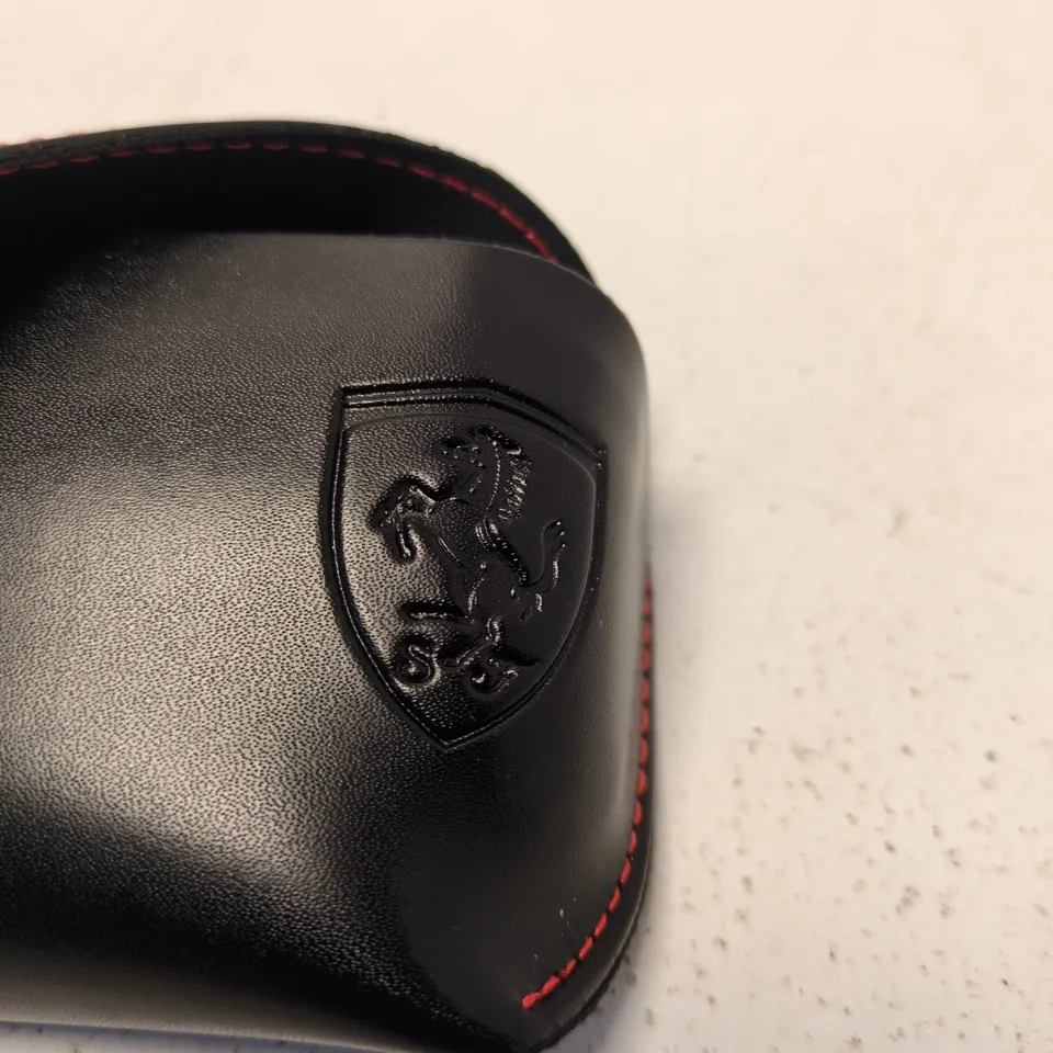 RAY-BAN, FERRARI LEATHER SUNGLASSES CASE – BLACK WITH RED STITCHING