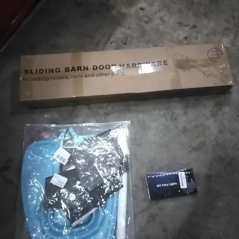 PALLET OF ASSORTED ITEMS TO INCLUDE; SLIDING BARN DOOR HARDWARE,  WATER BAG, DIY FAIRY LIGHTS 