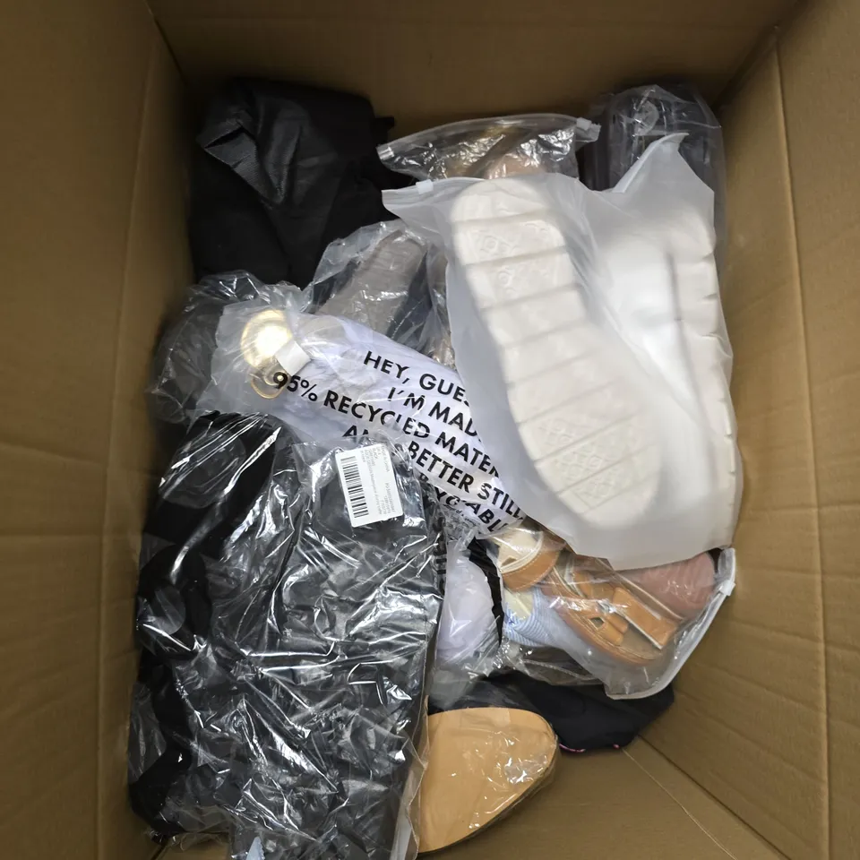 LARGE BOX OF APPROX 10 ASSORTED SHOES IN VARIOUS COLOURS, STYLES AND SIZES - COLLECTION ONLY 