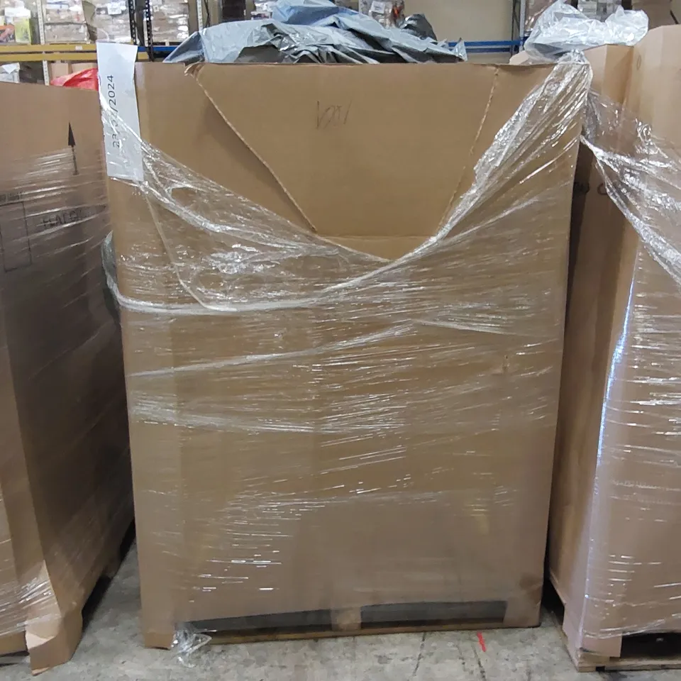 PALLET OF ASSORTED ITEMS INCLUDING: DESIGNER MIRROR, RETRACTABLE SAFETY GATE, LARGE RUG, LED METEOR LIGHTS 