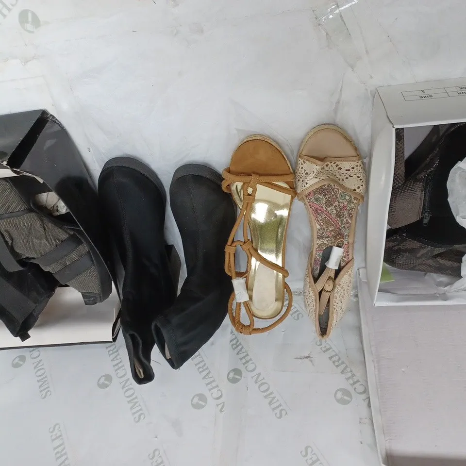 LARGE BOX OF APPROXIMATELY 10 ASSORTED BOXED AND UNBOXED SHOES TO INCLUDE BOOTS AND HEELS ETC.