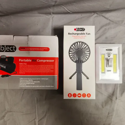 BOX OF APPROXIMATELY 50 ASSORTED HOUSEHOLD ITEMS TO INCLUDE RECHARGEABLE FAN, PORTABLE AIR COMPRESSOR, ETC
