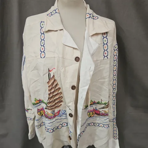 PIKOL WHITE EMBROIDERED NAUTICAL JACKET – SAILBOAT & VILLAGE MOTIF - SIZE UNSPECIFIED
