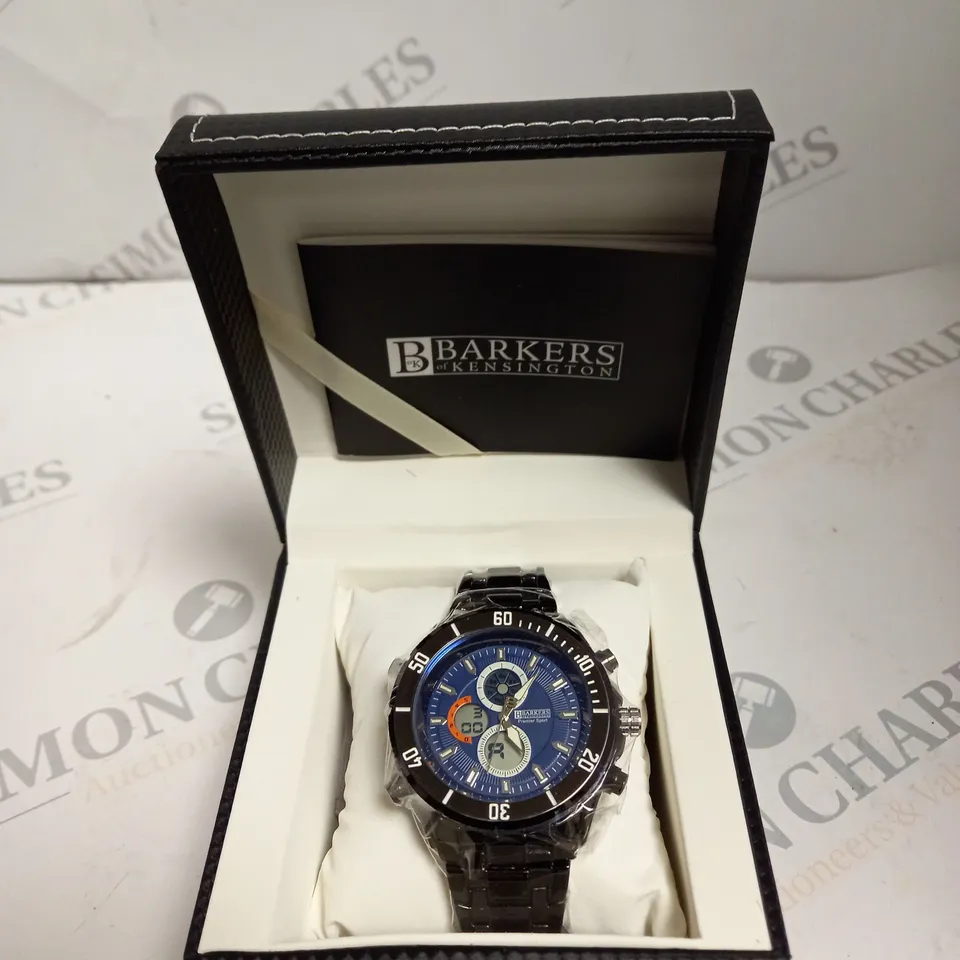 BARKERS OF KENSINGTON MENS PREMIER SPORT WATCH WITH 3 FUNCTION DIAL AND NIGHT VISION BACK LIGHT IN BLUE COLOUR