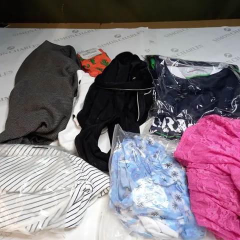 BOX OF ASSORTED CLOTHING ITEMS TOO INCLUDE DRESSES , SHIRTS AND TROUSERS IN VARIOUS SIZES AND COLOURS